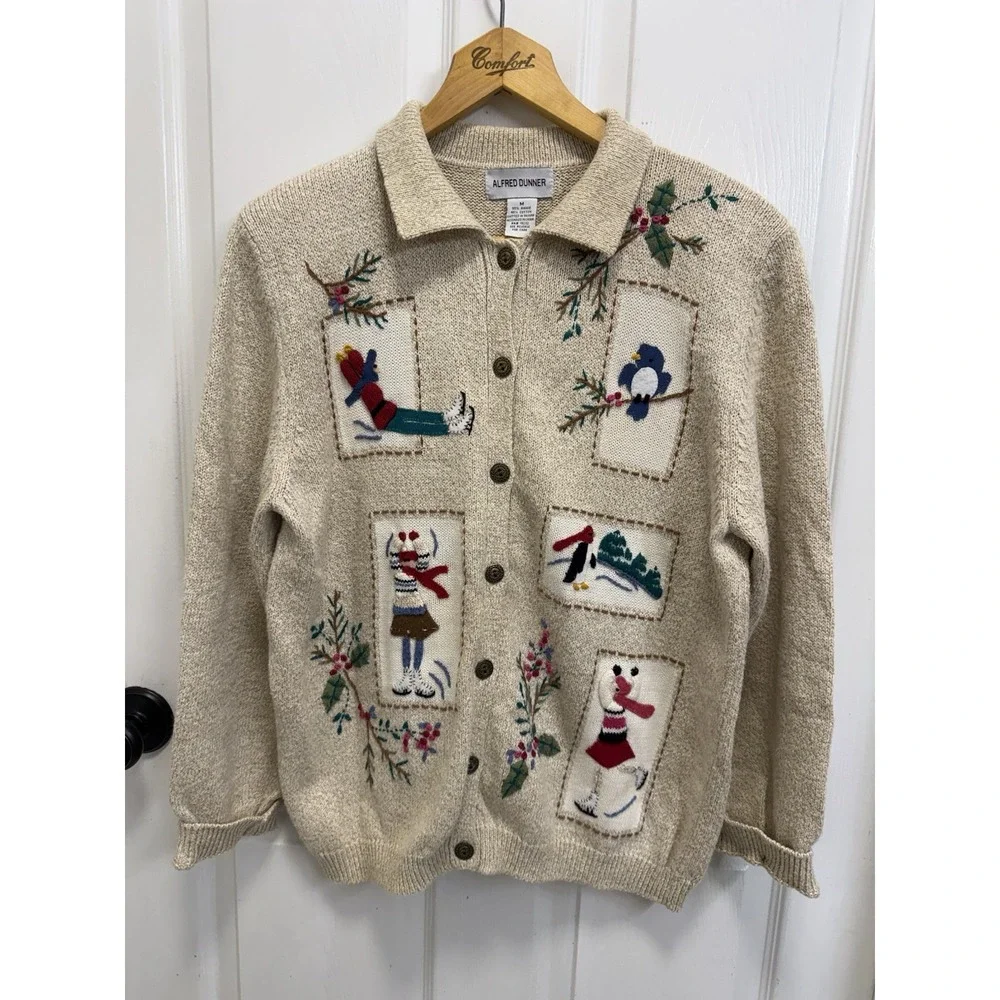 Alfred Dunner Holiday Christmas Cardigan Beige M Embroidered 3D Grandma Cottage